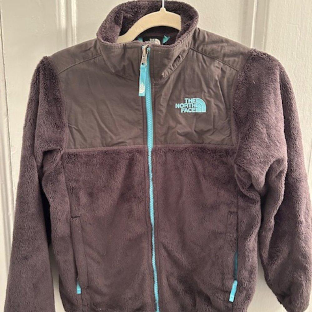 North Face Girls Zip-up Fleece Jacket, Gray with Light Blue Logo, Size M (10/12)